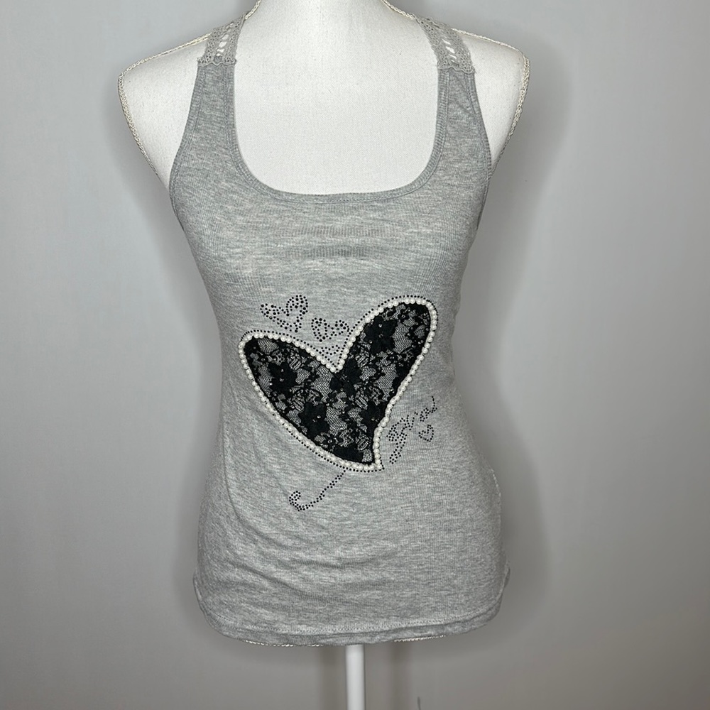 Julia gray tank top with heart lace rhinestones beads size large/extra large